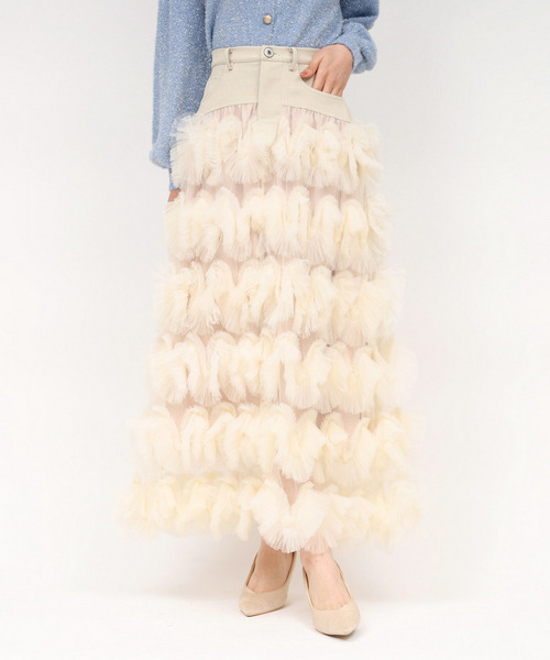 ツイード切替フリルチュールフレアスカート 詳細画像