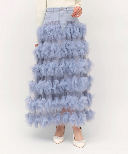 ツイード切替フリルチュールフレアスカート 詳細画像