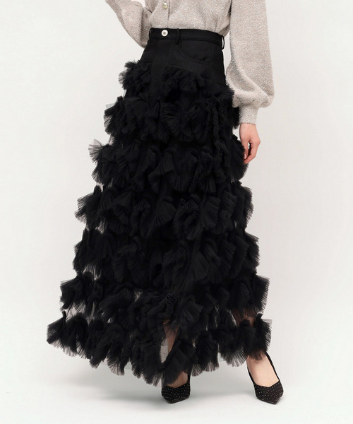 ツイード切替フリルチュールフレアスカート 詳細画像