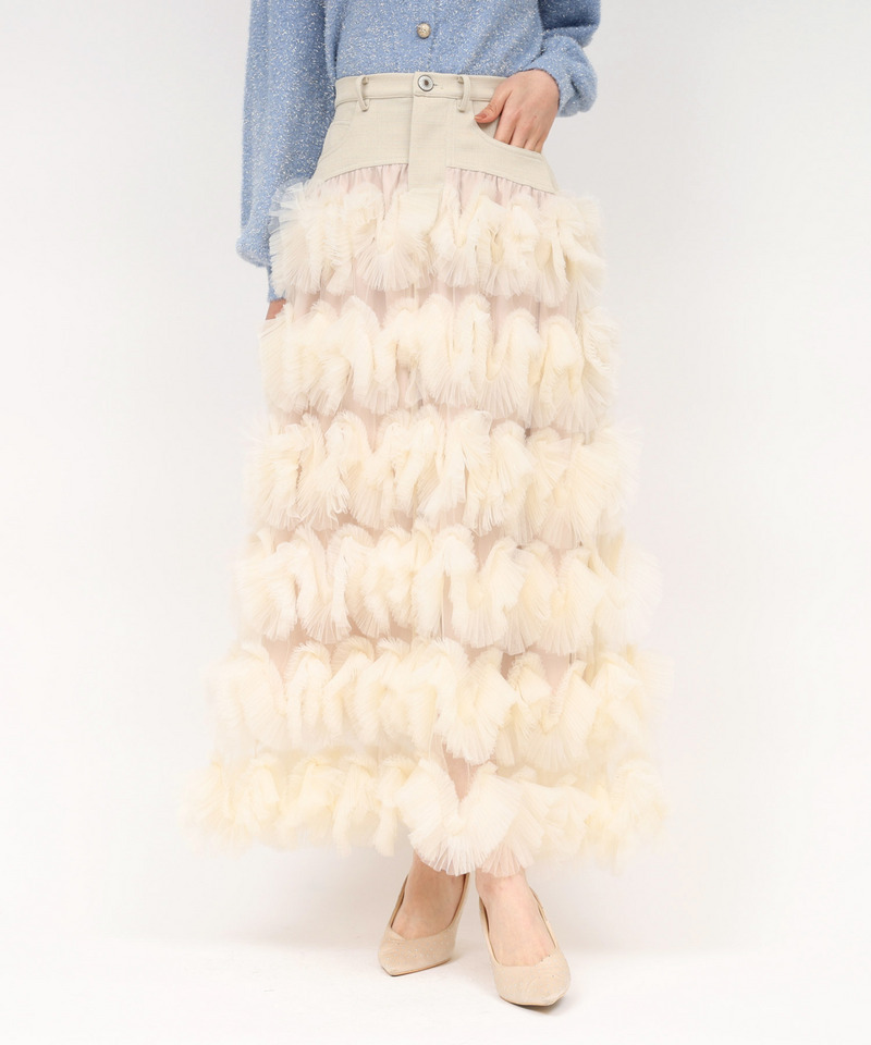 ツイード切替フリルチュールフレアスカート 詳細画像 ベージュ 1