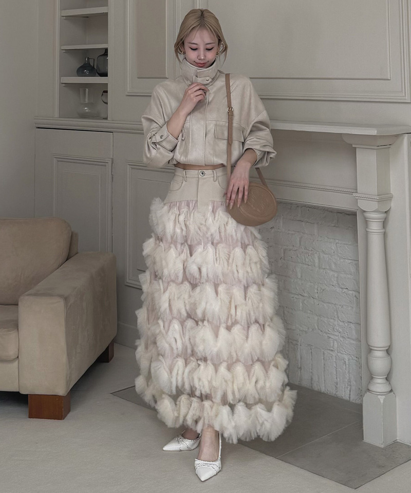 ツイード切替フリルチュールフレアスカート 詳細画像 ベージュ 12