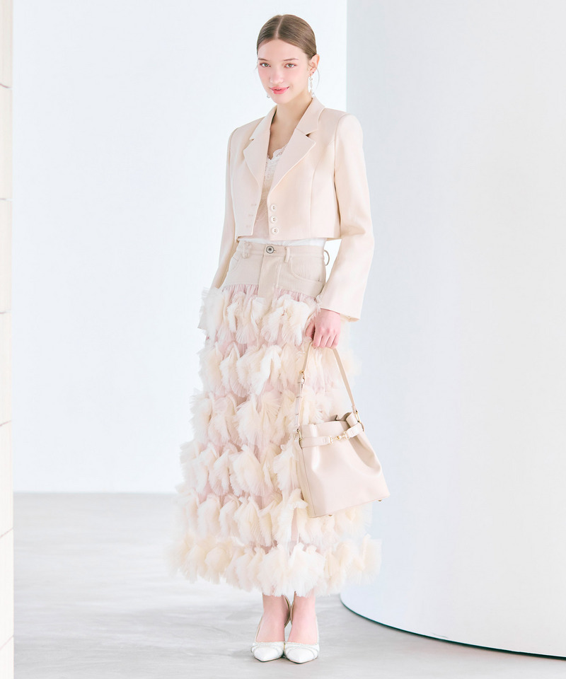 ツイード切替フリルチュールフレアスカート 詳細画像 ベージュ 14