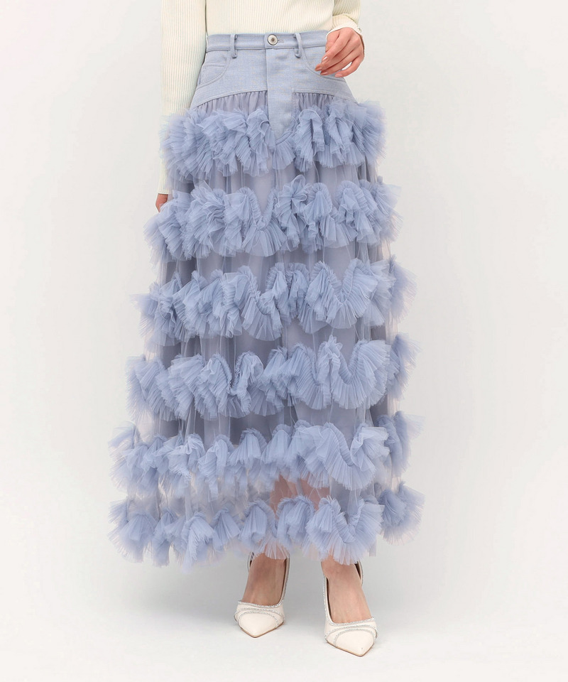 ツイード切替フリルチュールフレアスカート 詳細画像 ブルー 1