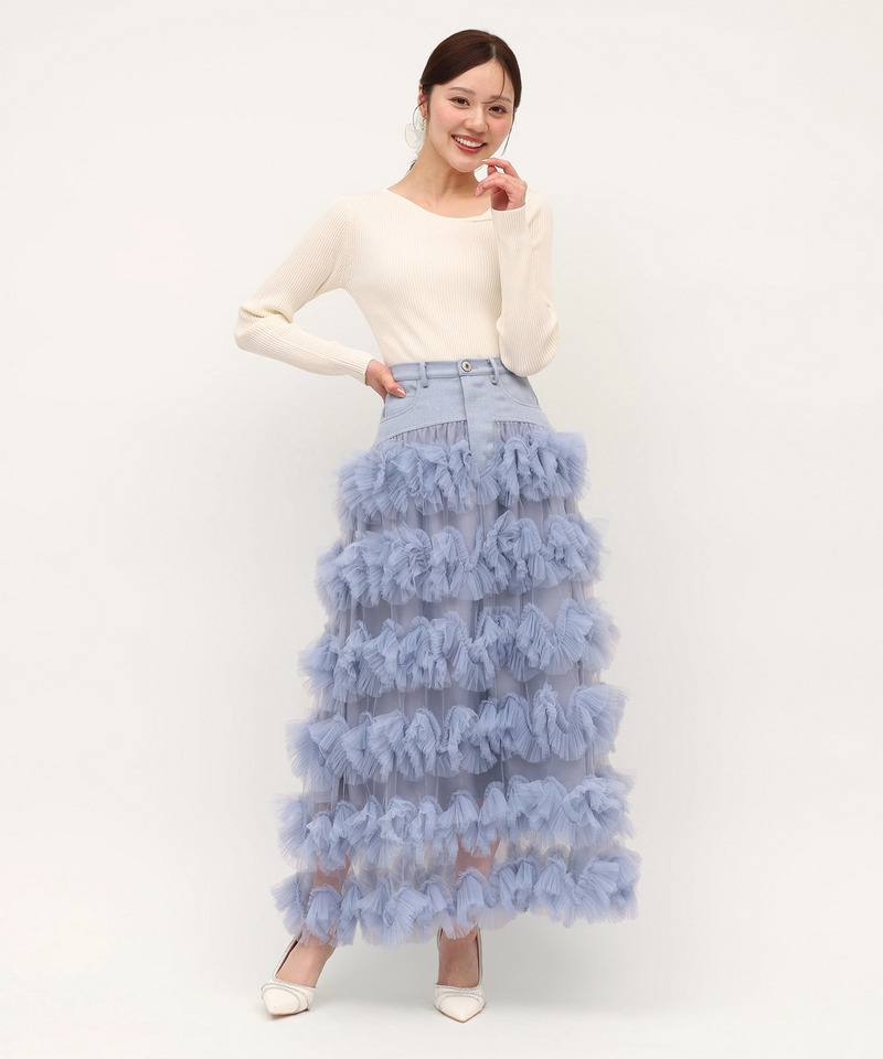 ツイード切替フリルチュールフレアスカート 詳細画像 ブルー 2