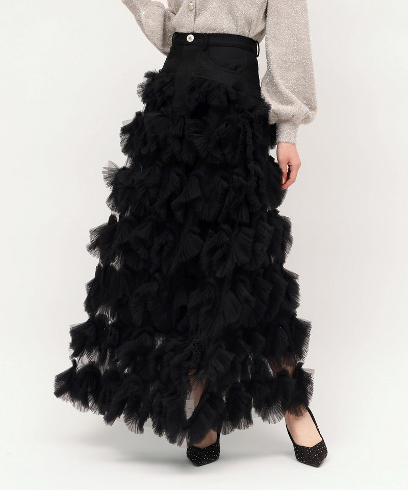 ツイード切替フリルチュールフレアスカート 詳細画像 ブラック 1