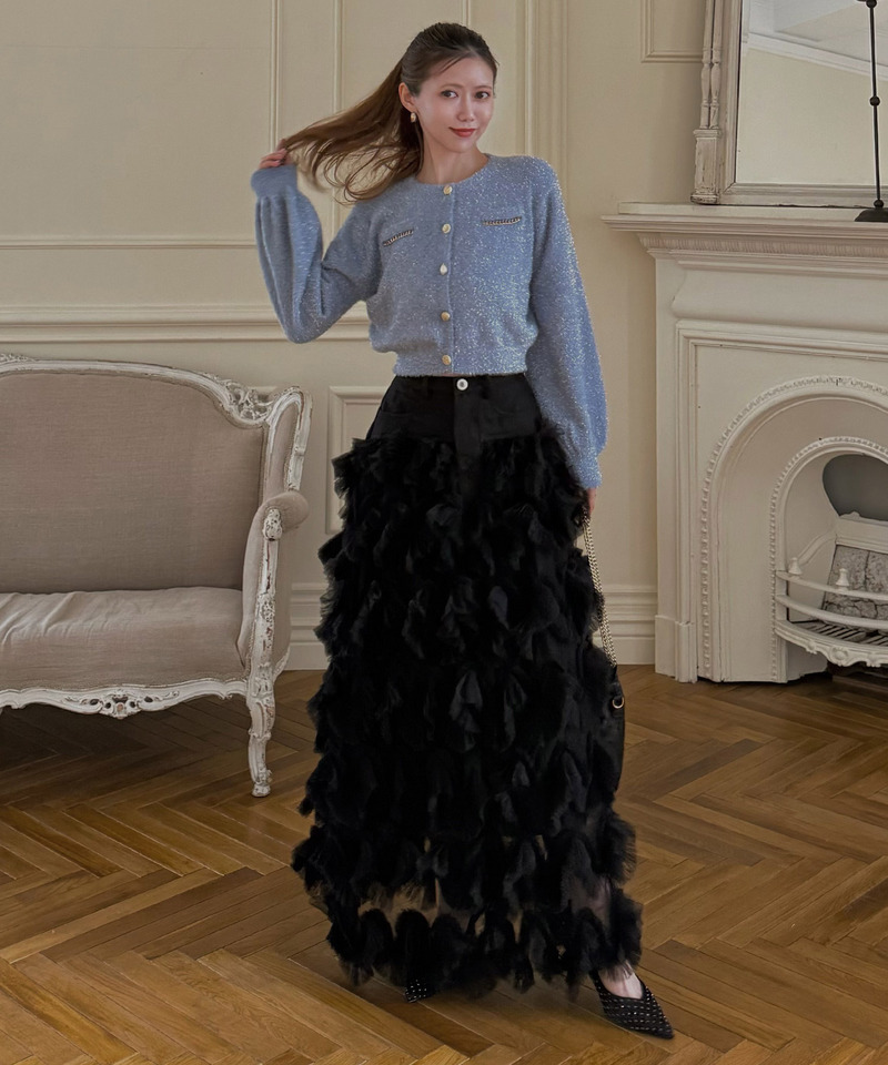 ツイード切替フリルチュールフレアスカート 詳細画像 ブラック 3