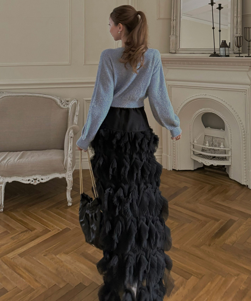 ツイード切替フリルチュールフレアスカート 詳細画像 ブラック 4