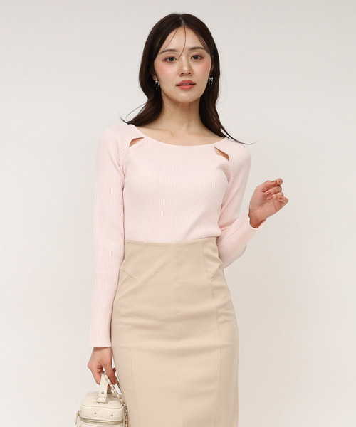 ウォッシャブルカットアウト長袖ニットトップス 詳細画像