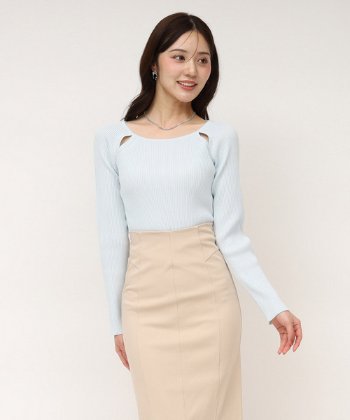 ウォッシャブルカットアウト長袖ニットトップス 詳細画像