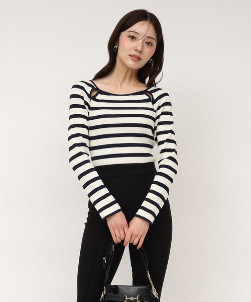 ウォッシャブルカットアウト長袖ニットトップス 詳細画像