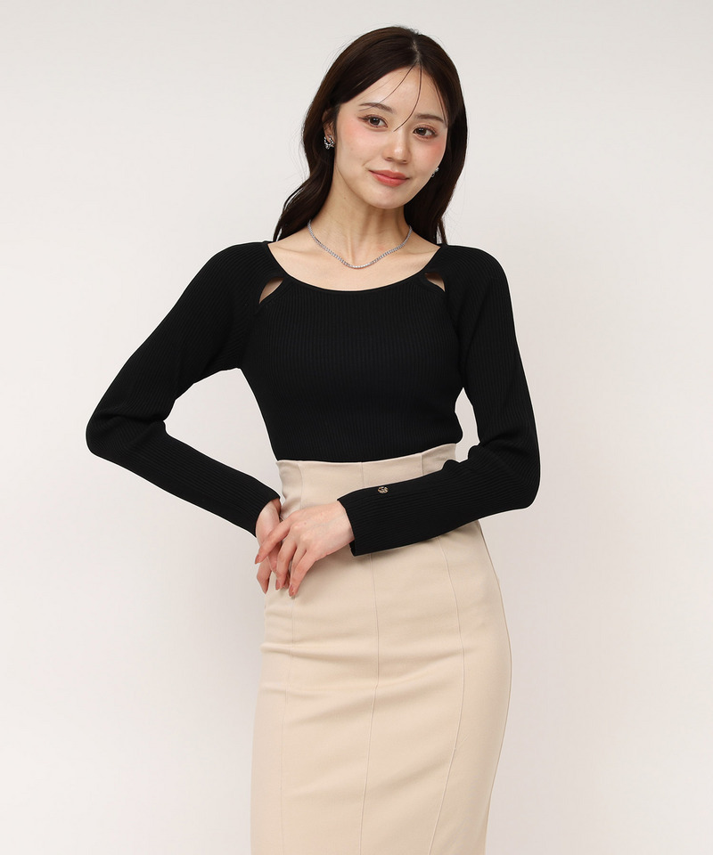 ウォッシャブルカットアウト長袖ニットトップス 詳細画像 ブラック 1