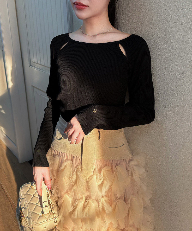 ウォッシャブルカットアウト長袖ニットトップス 詳細画像 ブラック 2