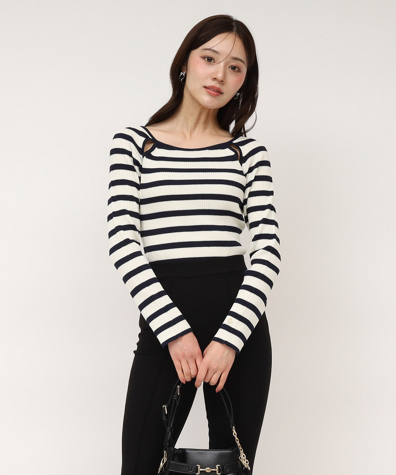 ウォッシャブルカットアウト長袖ニットトップス 詳細画像 ボーダー 1