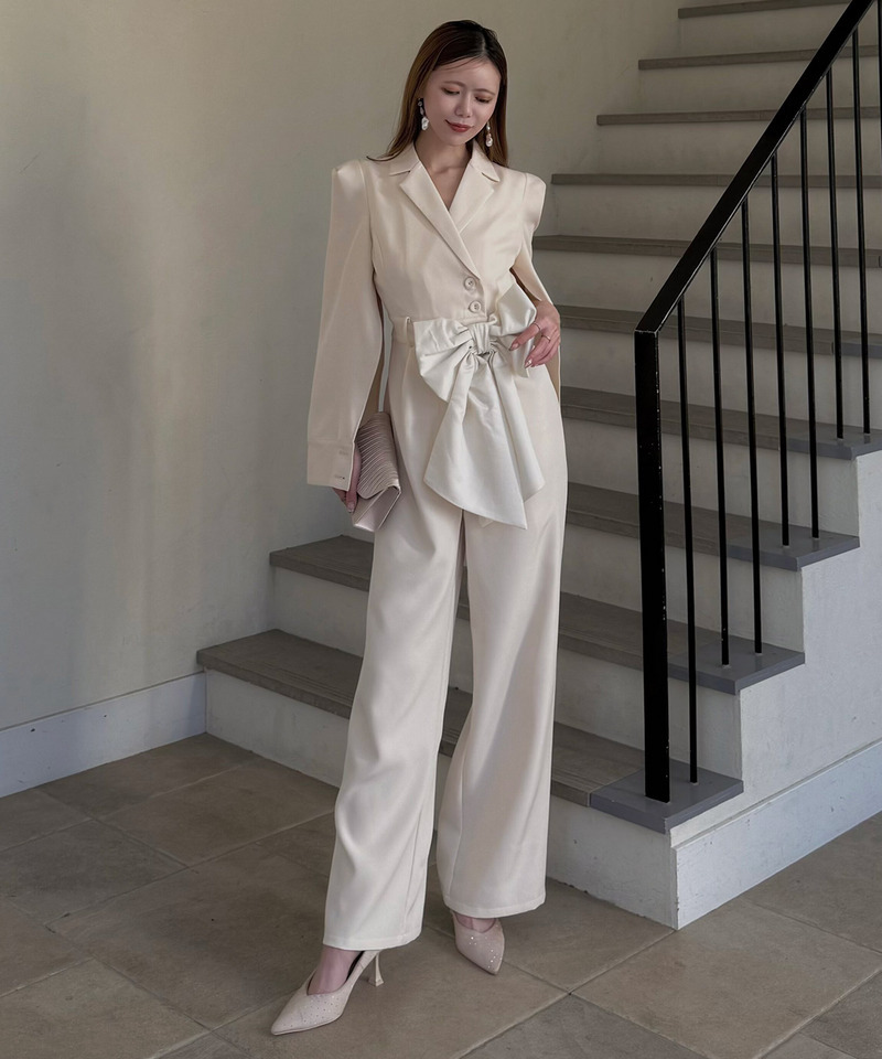 【丈が選べる】リボンベルト付ケープ風オールインワン 詳細画像 オフホワイト 2