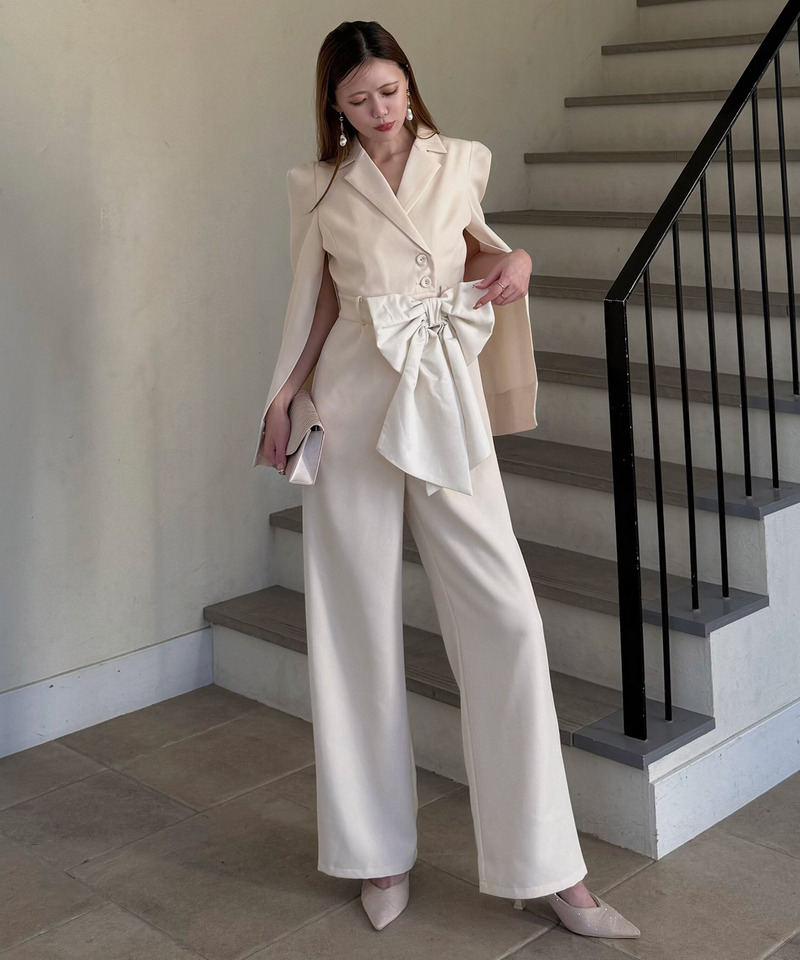 【丈が選べる】リボンベルト付ケープ風オールインワン 詳細画像 オフホワイト 3