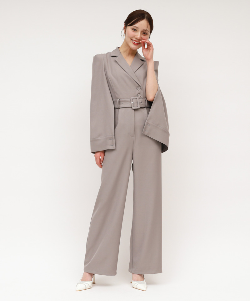 【丈が選べる】リボンベルト付ケープ風オールインワン 詳細画像 グレー 13