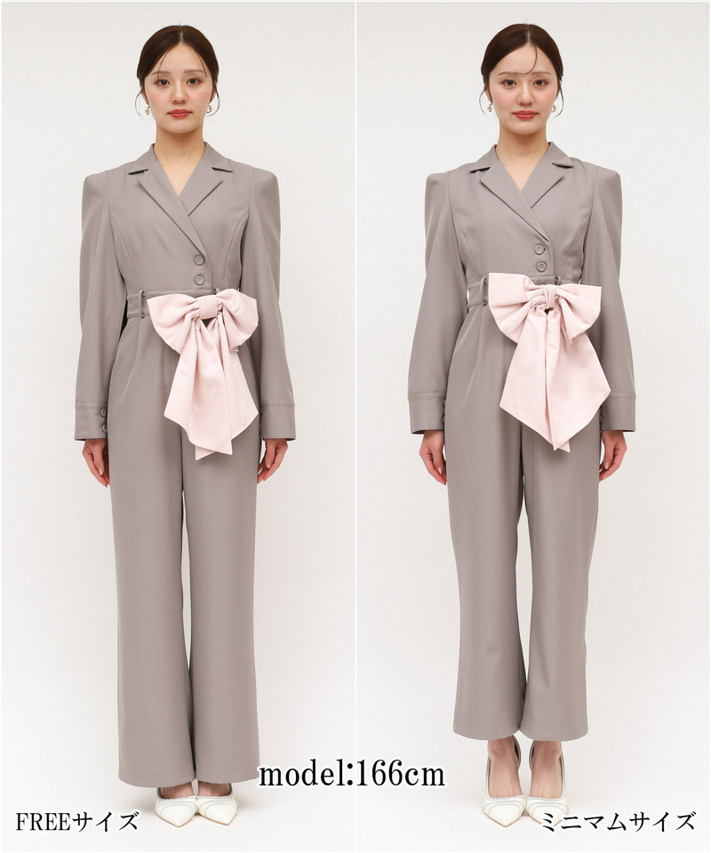 【丈が選べる】リボンベルト付ケープ風オールインワン 詳細画像 グレー 14
