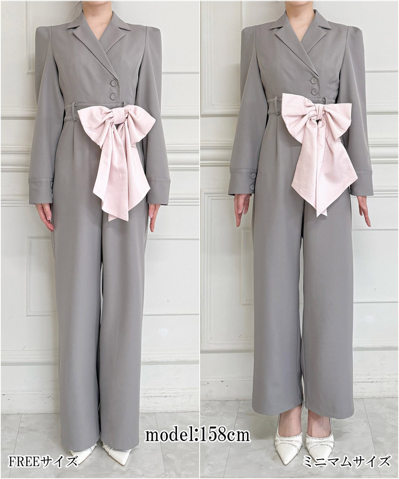 【丈が選べる】リボンベルト付ケープ風オールインワン 詳細画像 グレー 15