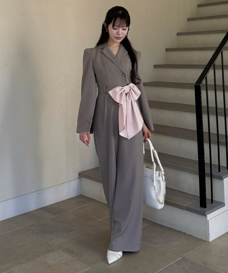 【丈が選べる】リボンベルト付ケープ風オールインワン 詳細画像 グレー 17