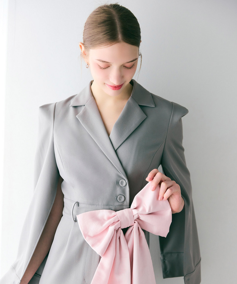 【丈が選べる】リボンベルト付ケープ風オールインワン 詳細画像 グレー 22