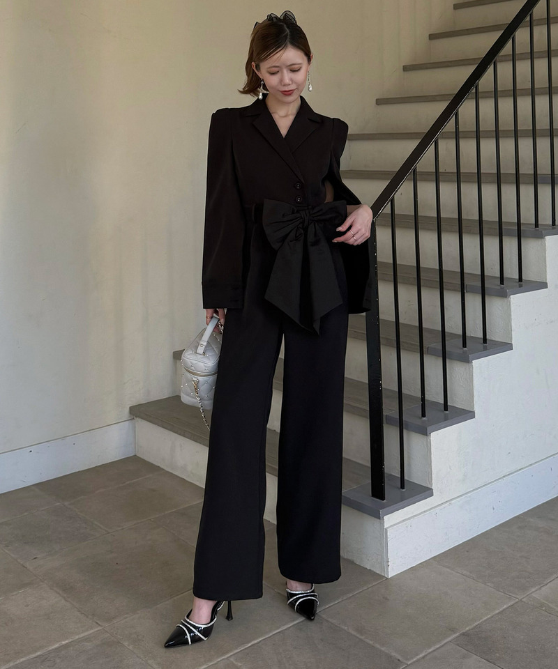 【丈が選べる】リボンベルト付ケープ風オールインワン 詳細画像 ブラック 2