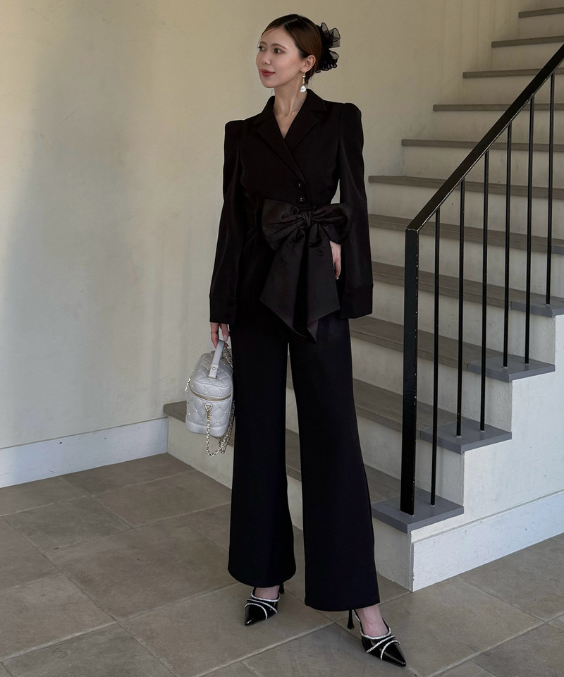 【丈が選べる】リボンベルト付ケープ風オールインワン 詳細画像 ブラック 3