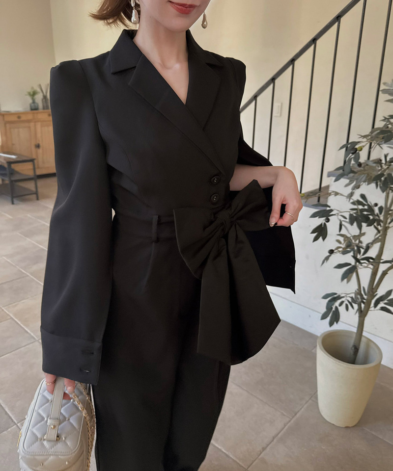 【丈が選べる】リボンベルト付ケープ風オールインワン 詳細画像 ブラック 4