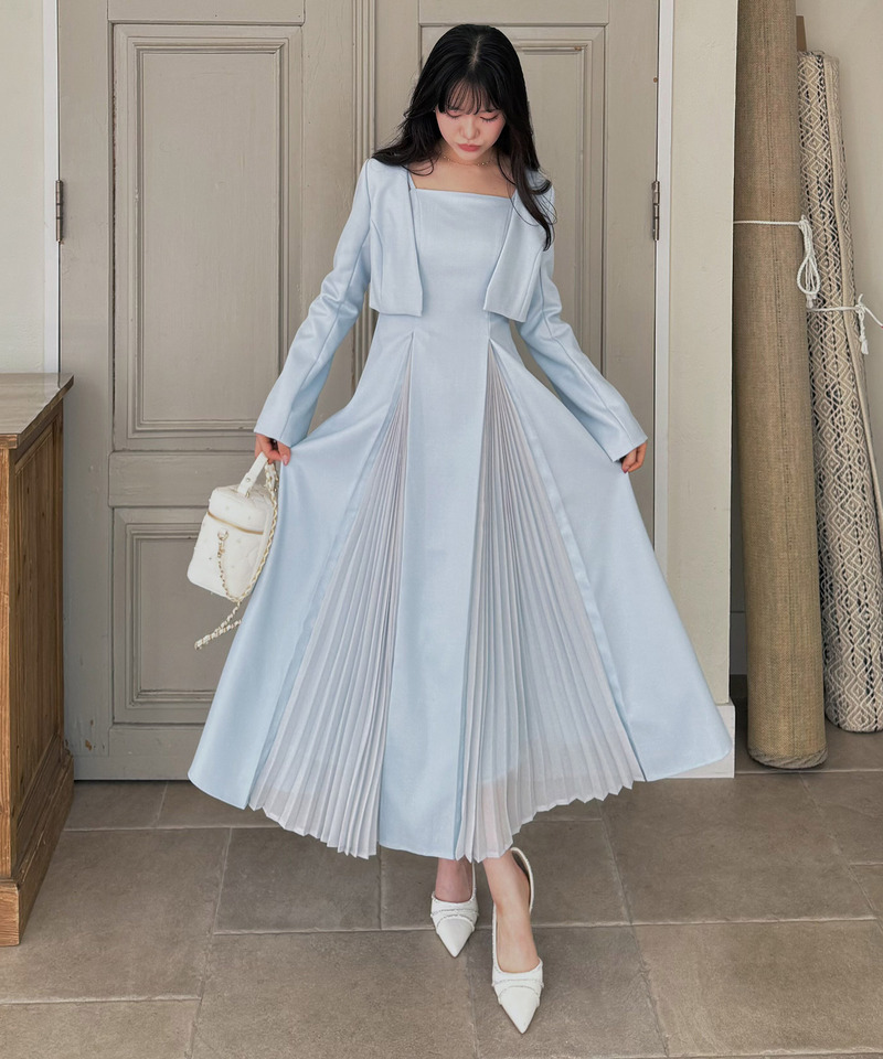 ラメツイードプリーツロングフレアワンピース 詳細画像 ブルー 5