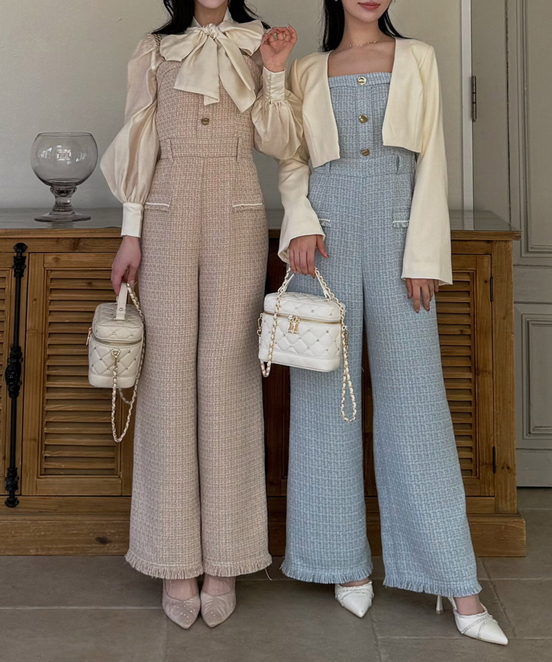 ダブルチェーンストラップツイードオールインワン 詳細画像 ベージュ 3