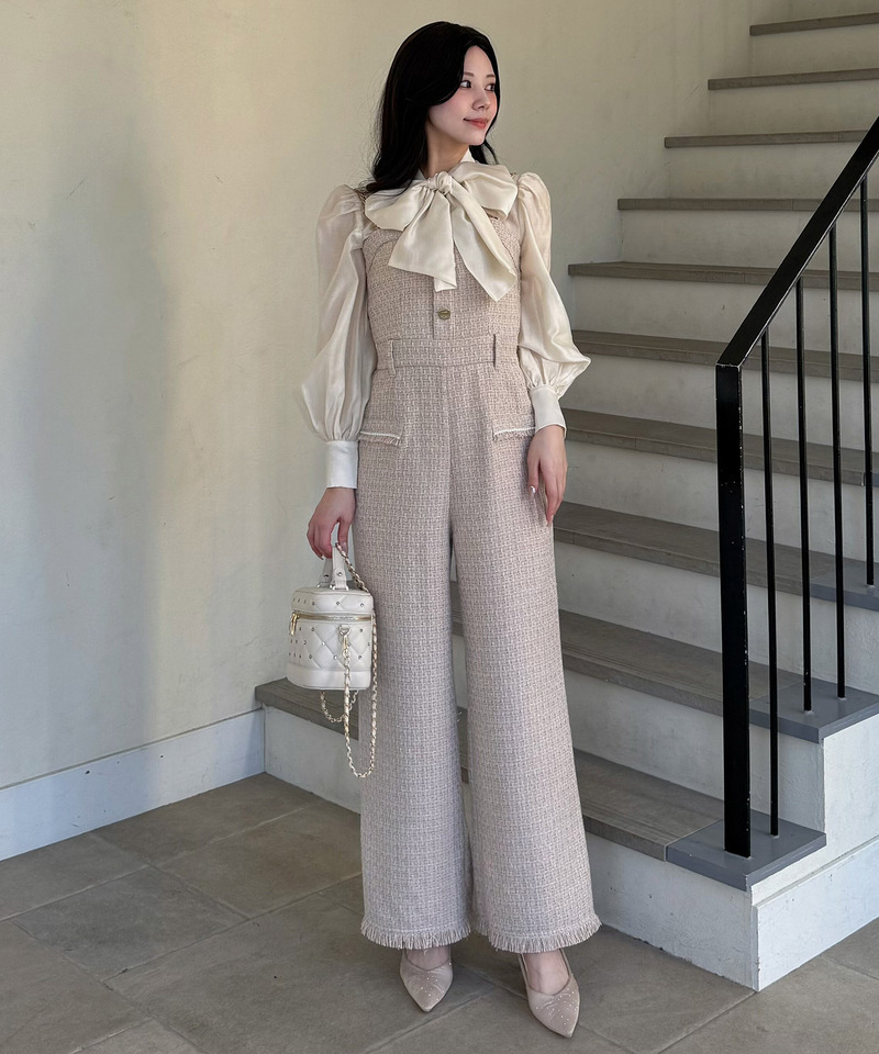 ダブルチェーンストラップツイードオールインワン 詳細画像 ベージュ 4