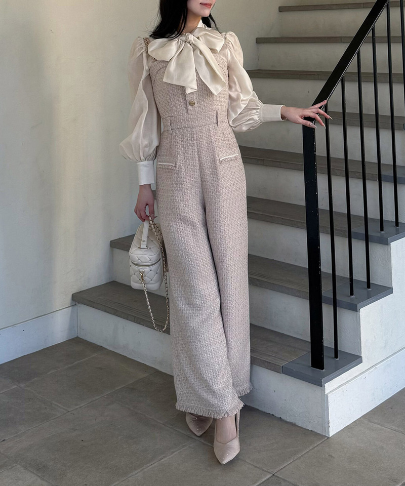 ダブルチェーンストラップツイードオールインワン 詳細画像 ベージュ 5