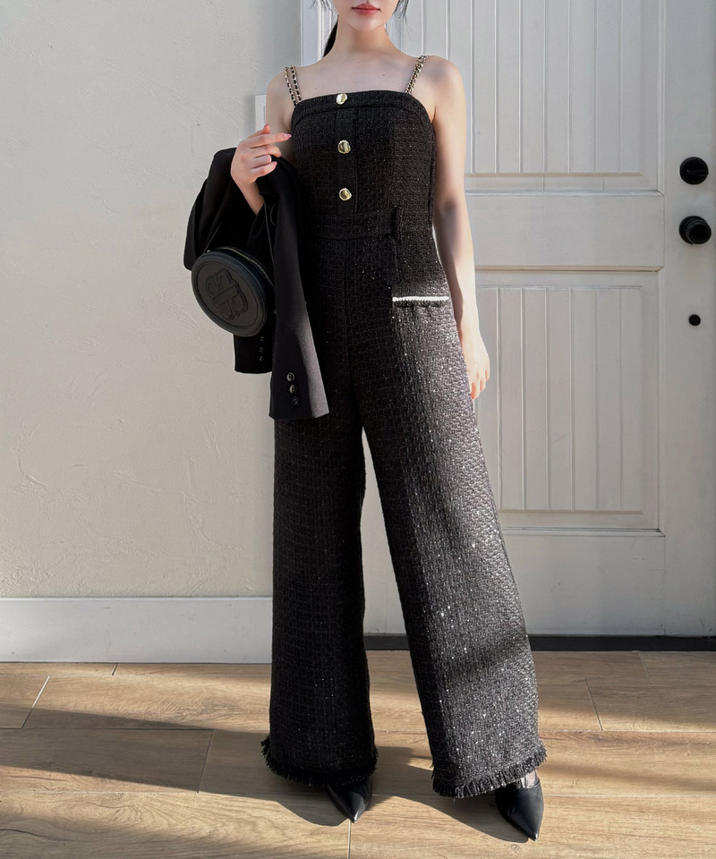 ダブルチェーンストラップツイードオールインワン 詳細画像 ブラック 2