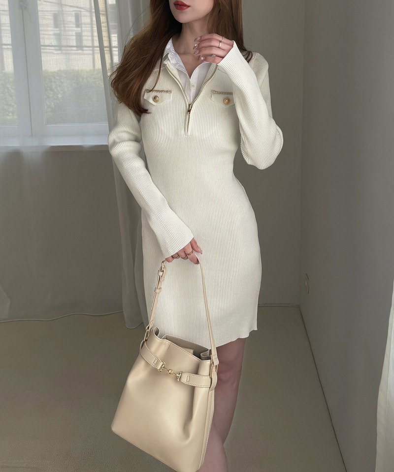 シャツ付チェーントリミングタイトニットミニワンピース 詳細画像 オフホワイト 4