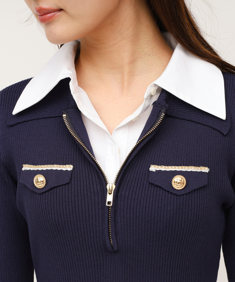 シャツ付チェーントリミングタイトニットミニワンピース 詳細画像 ネイビー 4