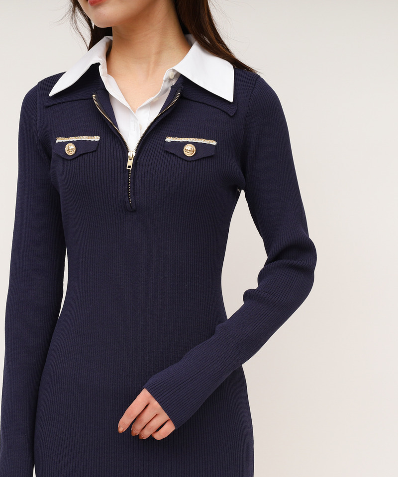 シャツ付チェーントリミングタイトニットミニワンピース 詳細画像 ネイビー 5