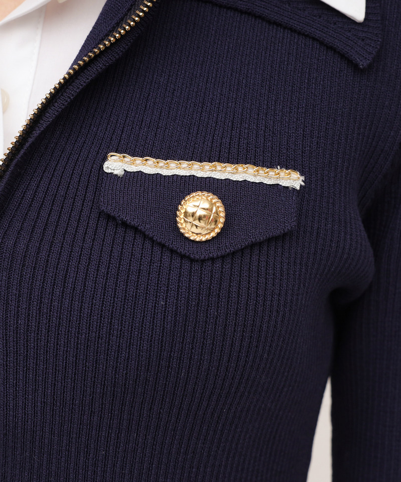 シャツ付チェーントリミングタイトニットミニワンピース 詳細画像 ネイビー 6