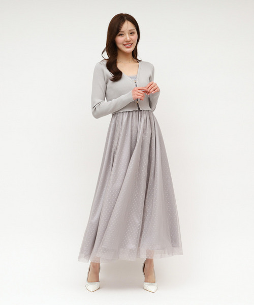 ドットチュールキャミフレアワンピース&times;Vネックカーディガン 詳細画像