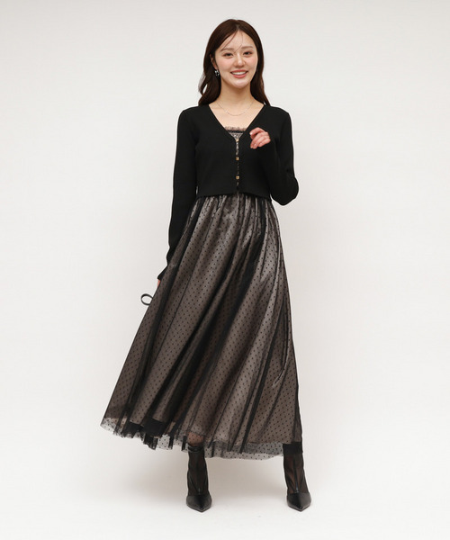 ドットチュールキャミフレアワンピース&times;Vネックカーディガン 詳細画像
