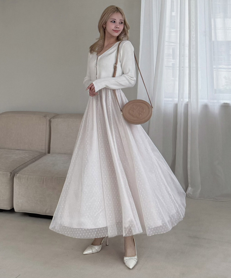 ドットチュールキャミフレアワンピース&times;Vネックカーディガン 詳細画像 オフホワイト 2