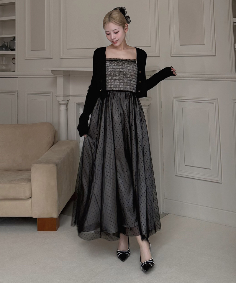 ドットチュールキャミフレアワンピース&times;Vネックカーディガン 詳細画像 ブラック 10