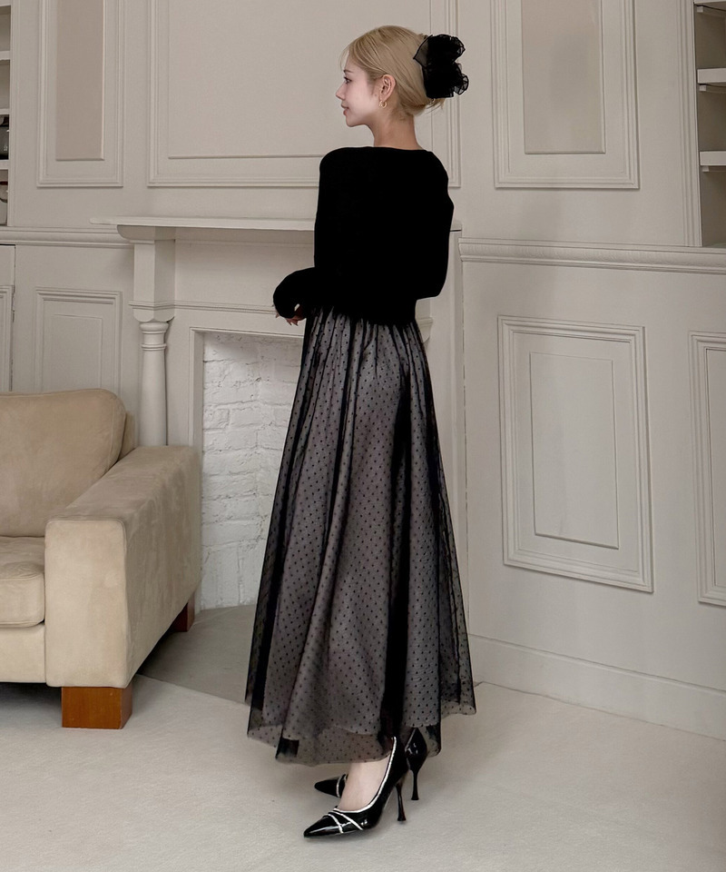 ドットチュールキャミフレアワンピース&times;Vネックカーディガン 詳細画像 ブラック 11