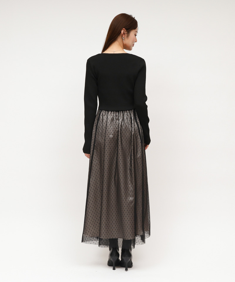 ドットチュールキャミフレアワンピース&times;Vネックカーディガン 詳細画像 ブラック 3