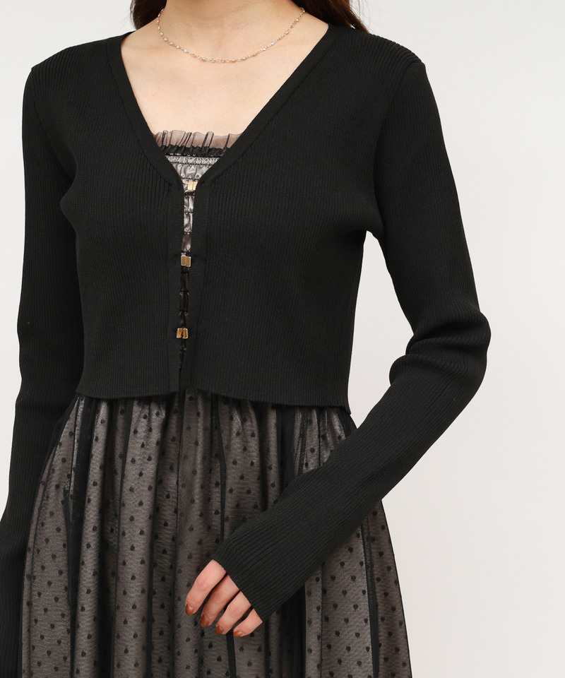 ドットチュールキャミフレアワンピース&times;Vネックカーディガン 詳細画像 ブラック 4