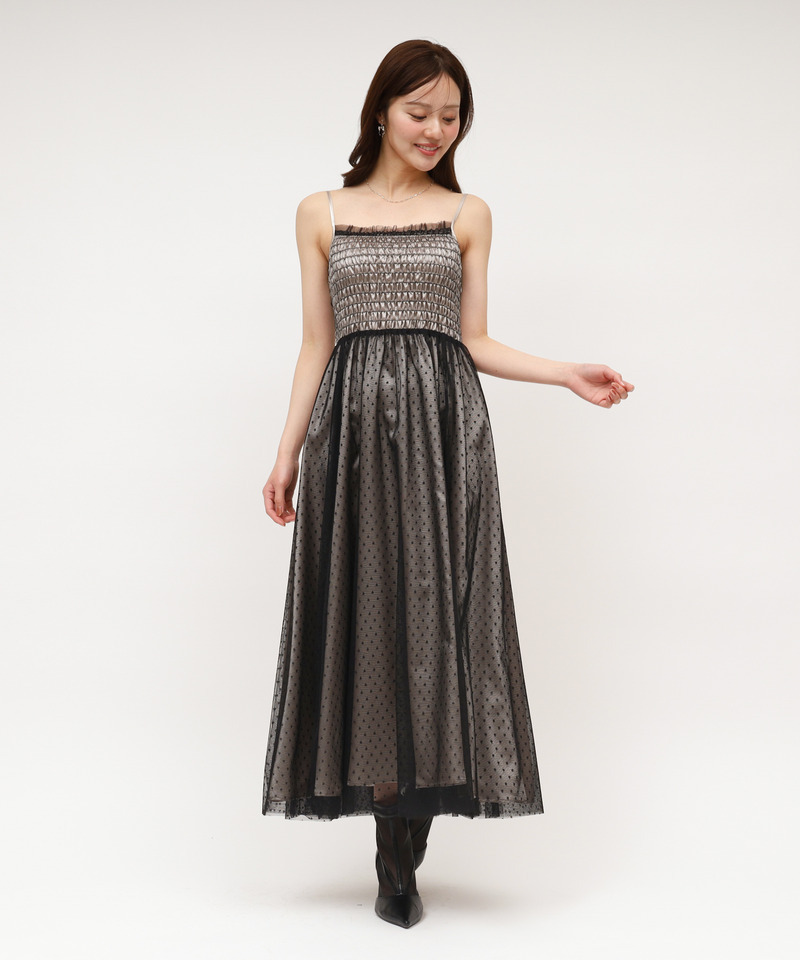 ドットチュールキャミフレアワンピース&times;Vネックカーディガン 詳細画像 ブラック 9