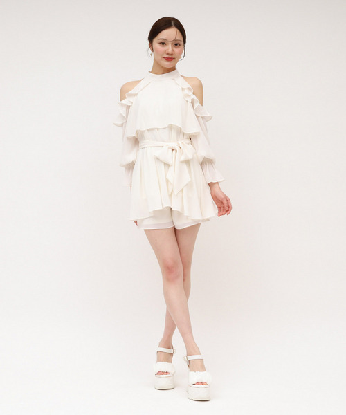 【ONLINE限定カラーあり】リボン付コールドショルダーブラウスセットアップ 詳細画像