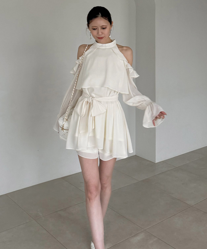 【ONLINE限定カラーあり】リボン付コールドショルダーブラウスセットアップ 詳細画像 オフホワイト 2