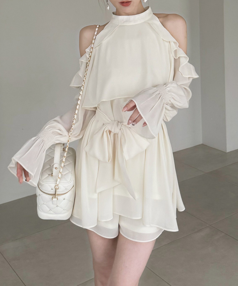 【ONLINE限定カラーあり】リボン付コールドショルダーブラウスセットアップ 詳細画像 オフホワイト 3