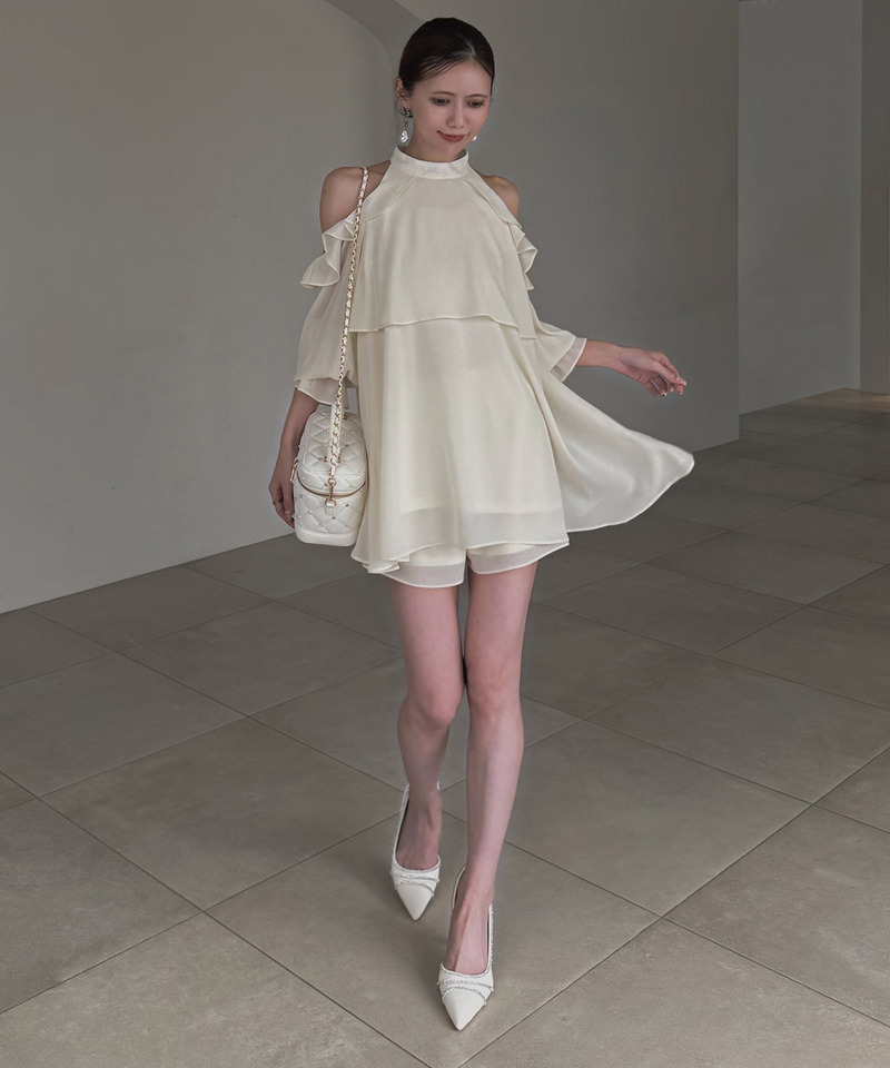 【ONLINE限定カラーあり】リボン付コールドショルダーブラウスセットアップ 詳細画像 オフホワイト 5