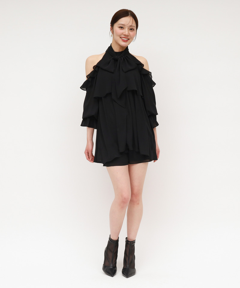 【ONLINE限定カラーあり】リボン付コールドショルダーブラウスセットアップ 詳細画像 ブラック 1