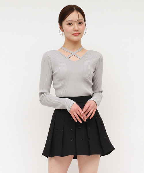 2wayクロスネックリブニットトップス 詳細画像